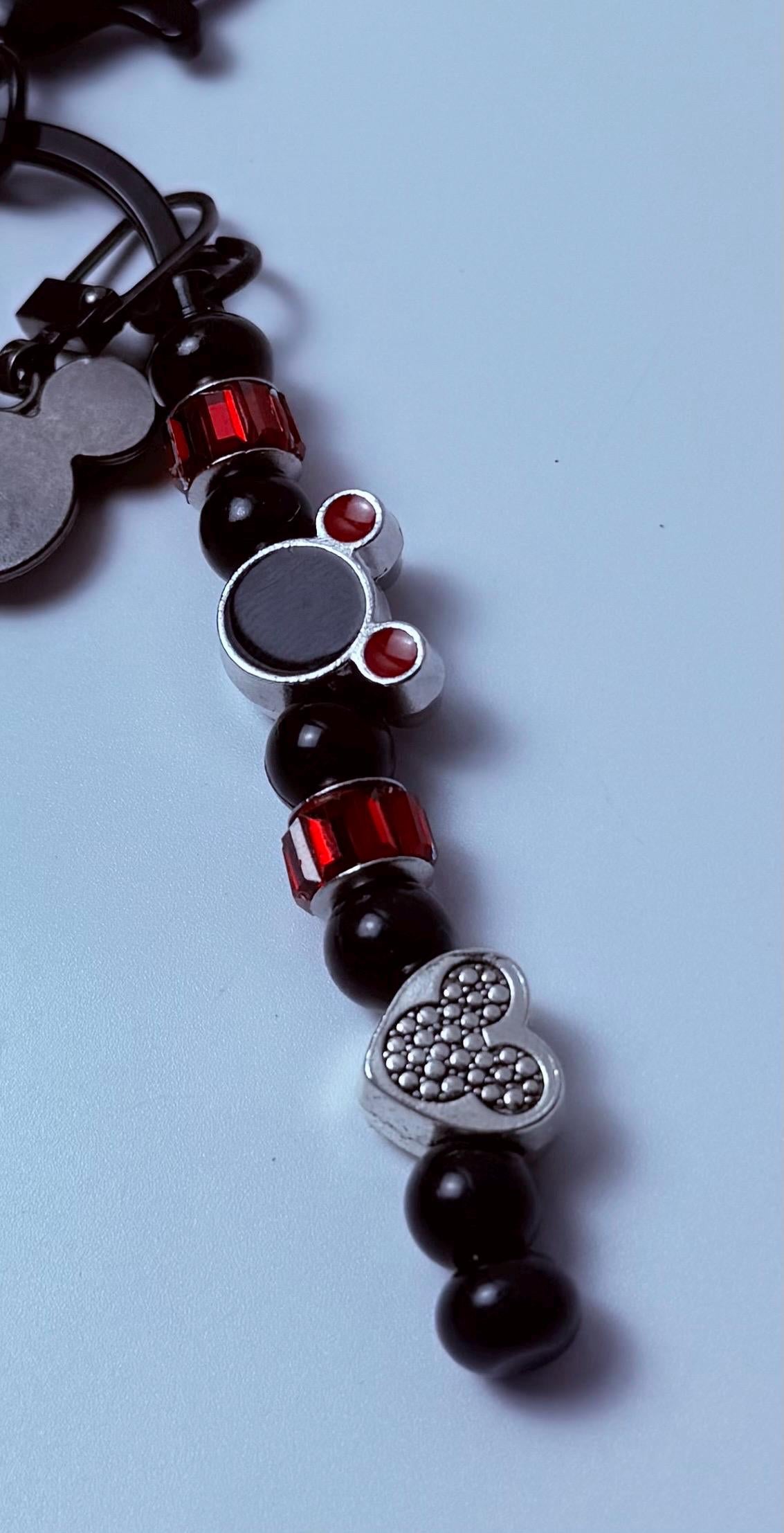 Black Mickey Mouse Charm Keychain Red & Black Beaded Strand, Multiple Disney Charms, Handmade Disney Bag Accessory