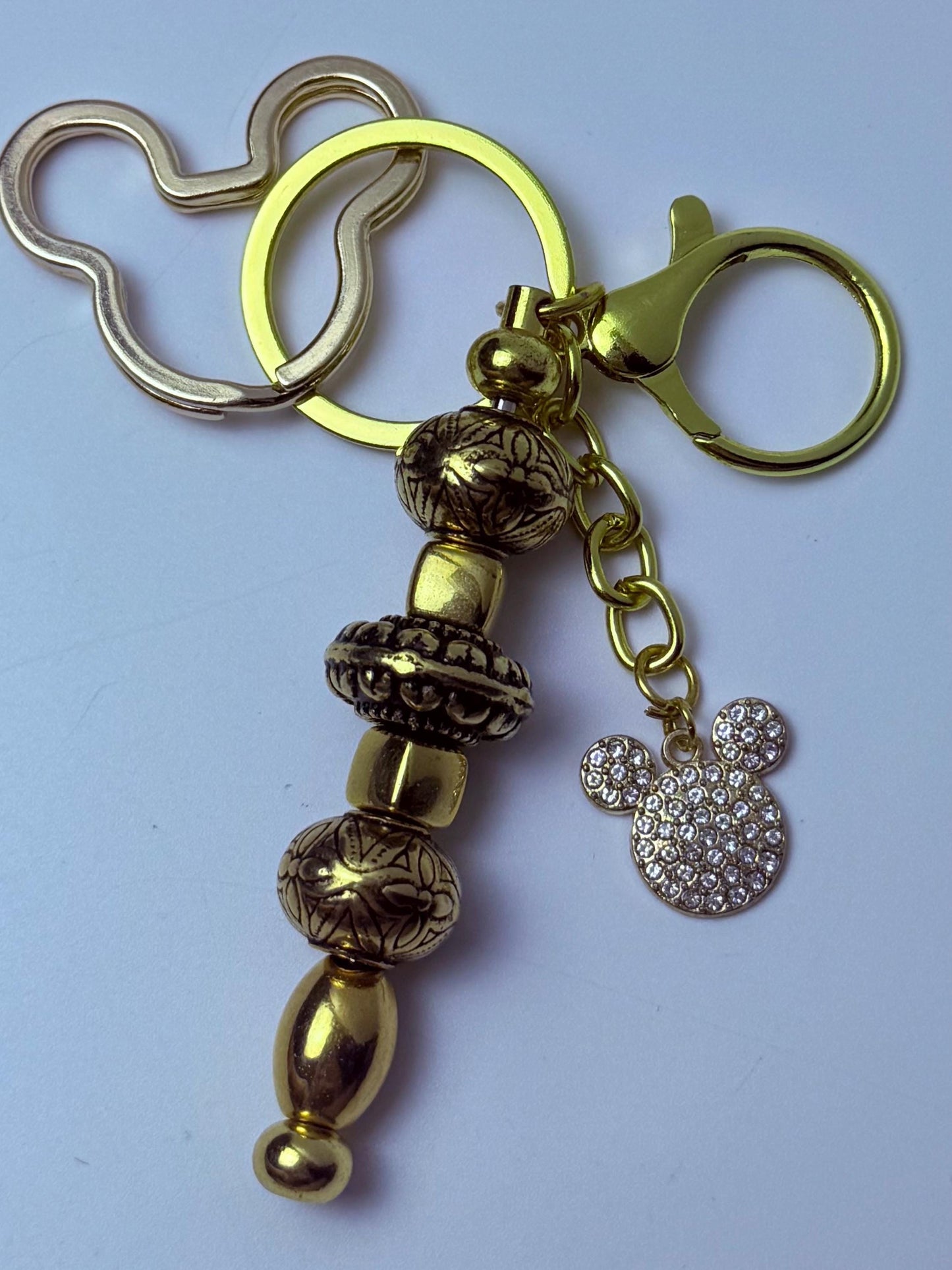 Disney Inspired Gold Bag Charm Mickey Mouse Rhinestone Keychain with Engraved Beads, Handmade Purse & Backpack Accessory, Cute Disney Gift