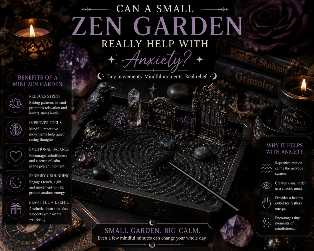 Small gothic zen garden with black sand, crystals, candles, and calming desk decor for mindfulness and stress relief from Her Royal Madness.
