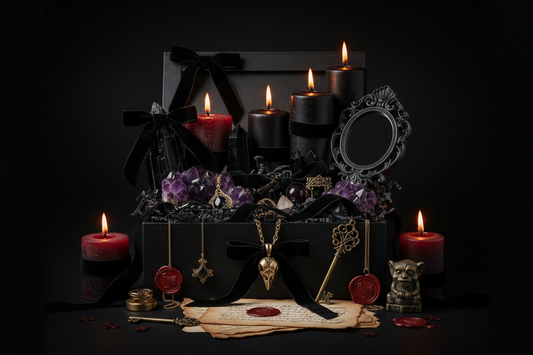 A beautifully curated mystery box filled with dark aesthetic items including candles, crystals, ribbons, wax seals, vintage paper, jewelry, and gothic decor on a moody black background.