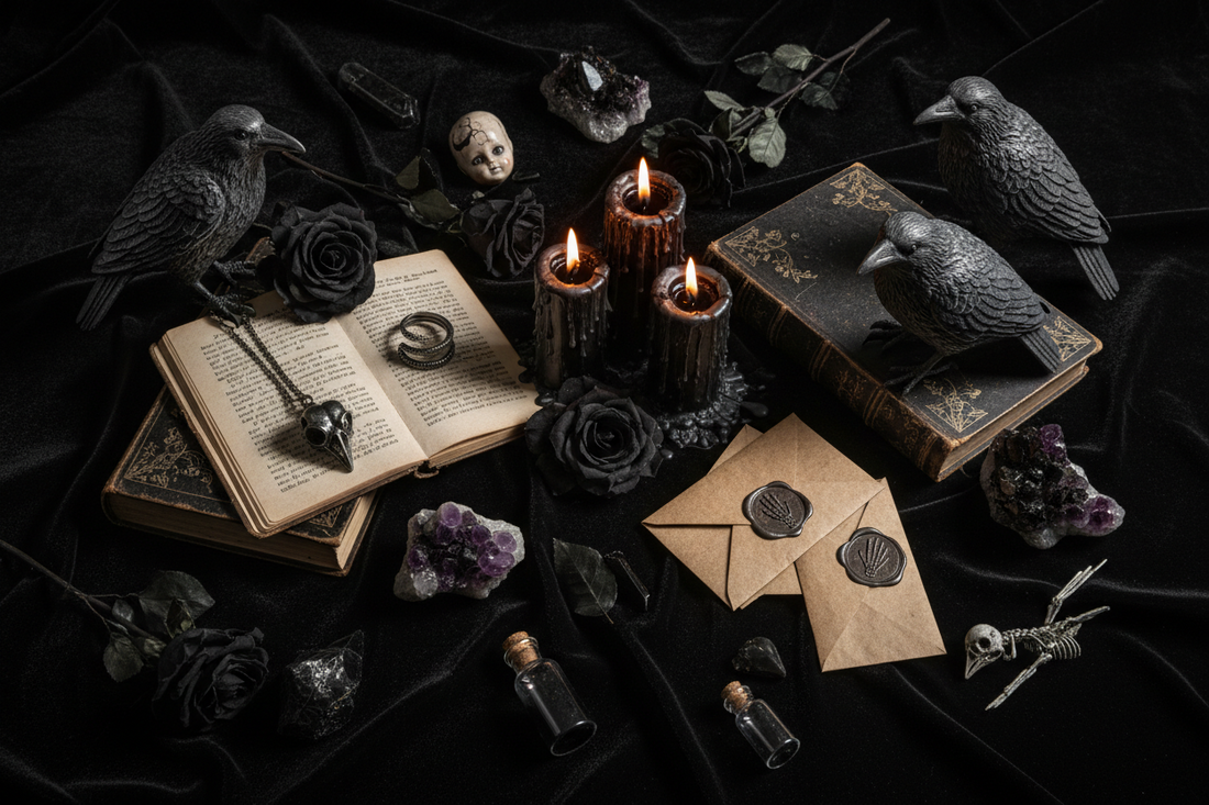 A dark aesthetic flat lay featuring gothic candles, black roses, crystals, antique books, silver jewelry, ravens, wax seals, and spooky decor arranged on a black velvet background.