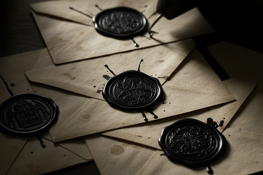 Black gothic wax seals made with a glue gun on vintage envelopes