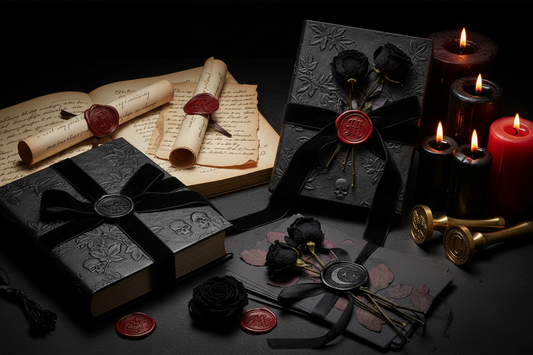 Close-up of black and red wax seals on vintage letters, gothic journals, gift packaging, ribbon, and dark floral stationery with brass sealing tools and candles.