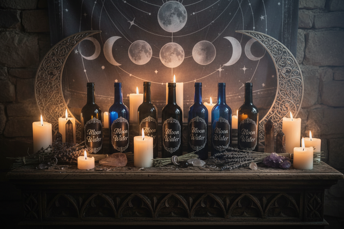 Dark glass bottles of labeled moon water sitting on a gothic altar with moon phase decor and glowing candles.