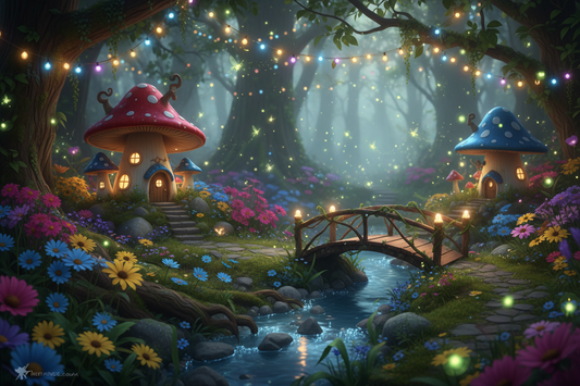 Whimsical fairy garden with moss, mushrooms, glowing fairy lights, miniature houses, crystals, and enchanted fairycore decor from Her Royal Madness.