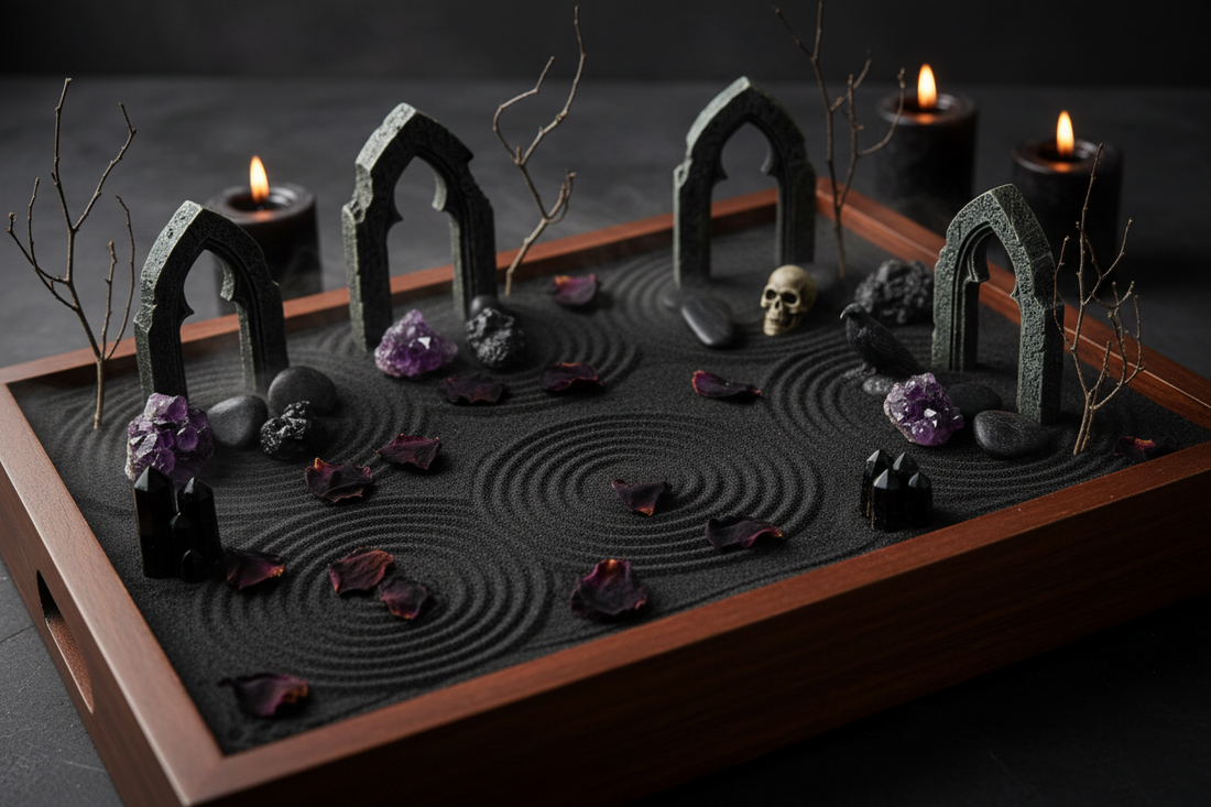 DIY gothic mini zen garden with black sand, crystals, candles, ravens, and spooky aesthetic decor from Her Royal Madness.