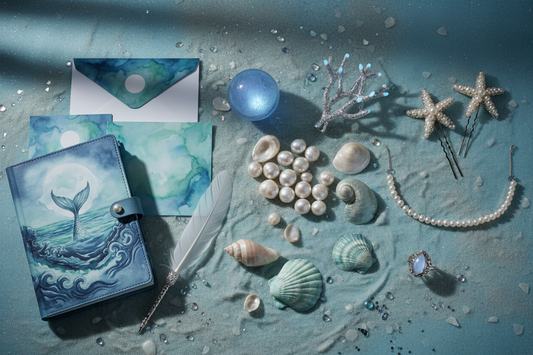 Dark mermaidcore aesthetic with pearls, shells, moonlit ocean decor, gothic siren stationery, and fantasy ocean-inspired accessories