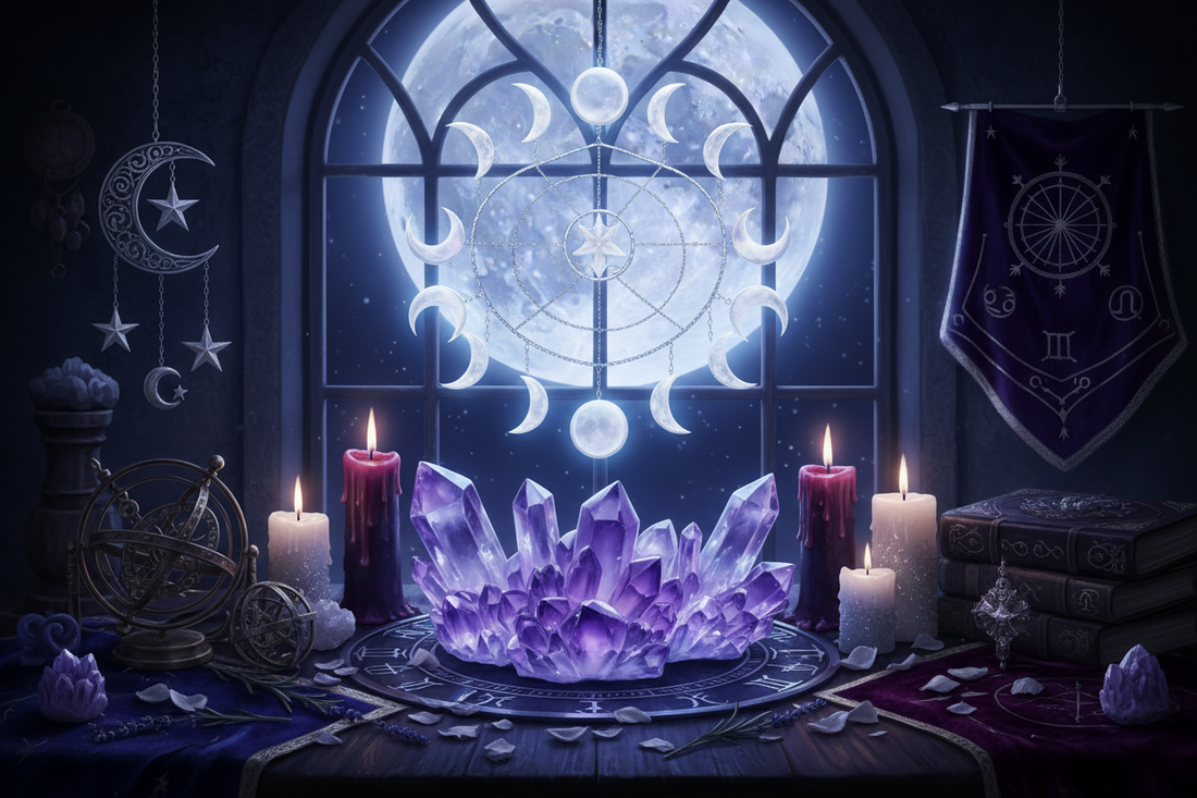 Moon phase chart glowing above crystals, candles, and celestial gothic decor during a full moon night.