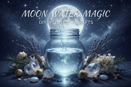 Moon water ritual with candles, crystals, journal, celestial decor, and moonlit atmosphere for career manifestation and emotional grounding from Her Royal Madness.