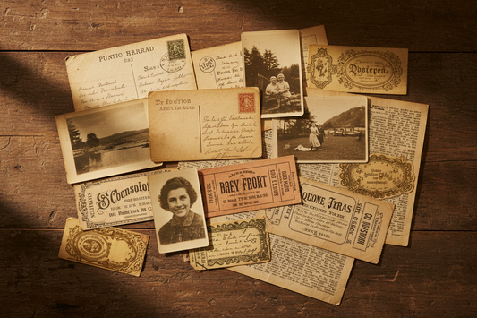 Vintage ephemera and memorabilia collection with postcards, photographs, tickets, labels, and antique paper items