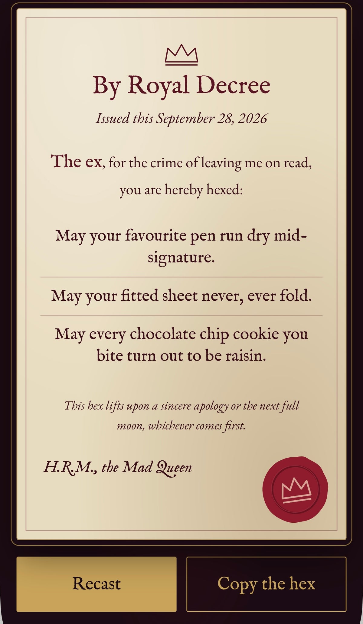 The Petty Hex Generator – Funny Digital Curse Maker | Royal Decree Gag Gift