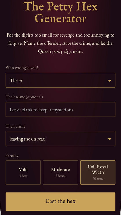 The Petty Hex Generator – Funny Digital Curse Maker | Royal Decree Gag Gift