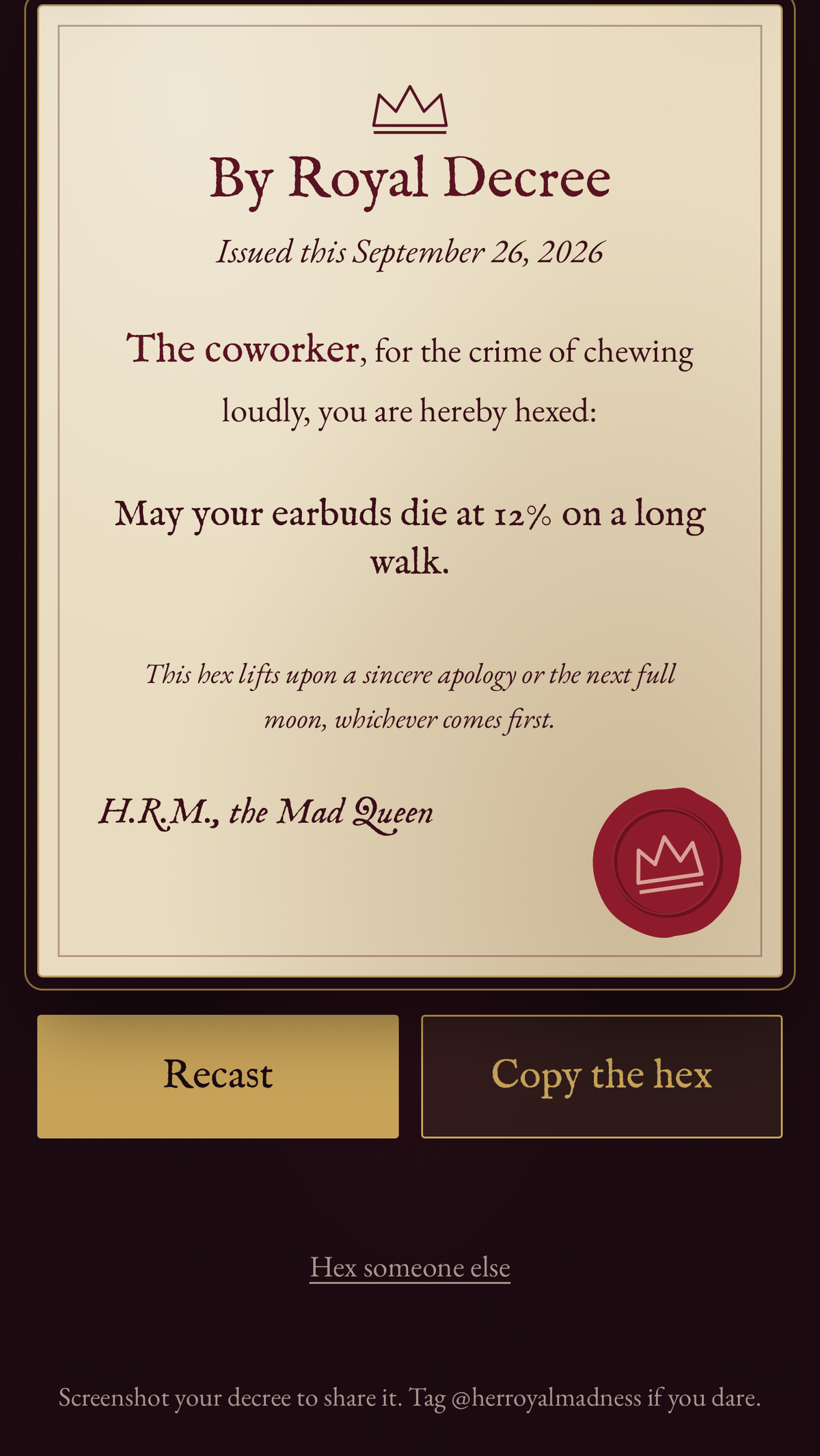 The Petty Hex Generator – Funny Digital Curse Maker | Royal Decree Gag Gift