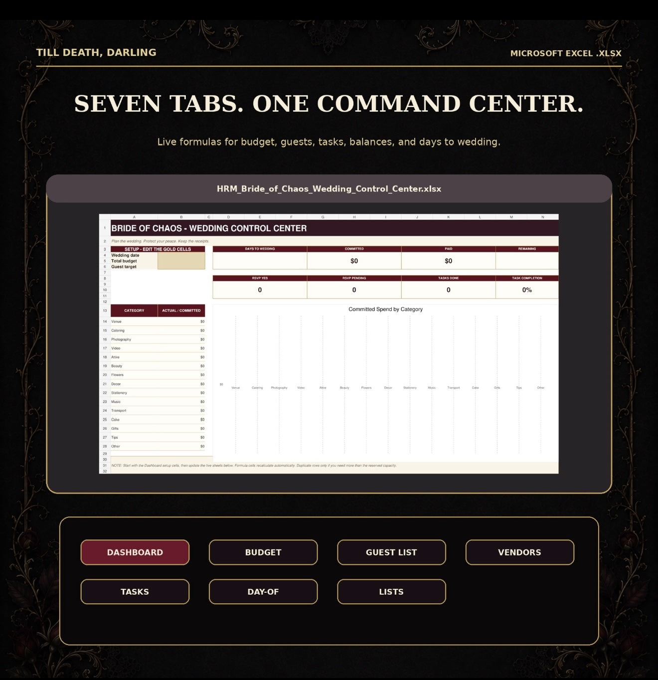 60-Page Gothic Wedding Planner: Printable and Fillable PDFs, Editable PowerPoint, Excel Dashboard