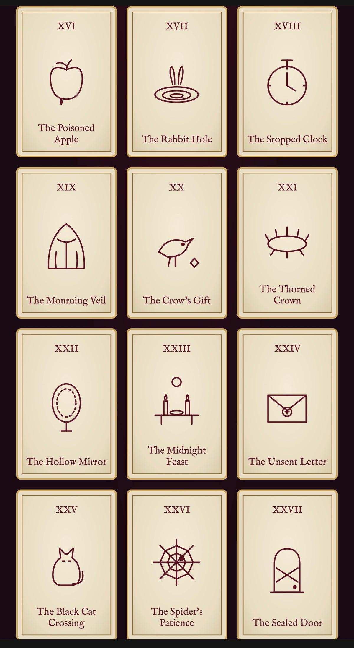 Three gold-framed parchment cards from The Mad Queen's Oracle interactive digital oracle deck by Her Royal Madness