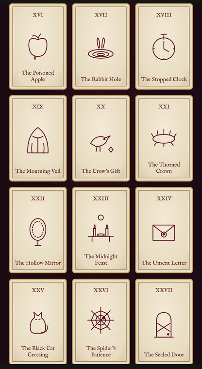 Three gold-framed parchment cards from The Mad Queen's Oracle interactive digital oracle deck by Her Royal Madness