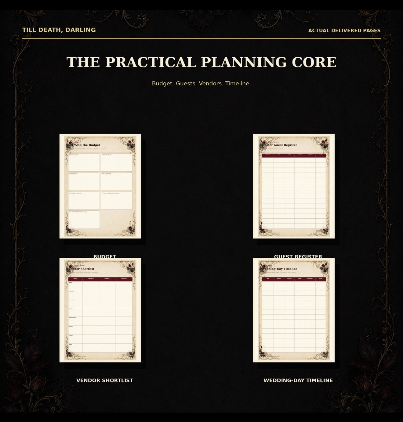 60-Page Gothic Wedding Planner: Printable and Fillable PDFs, Editable PowerPoint, Excel Dashboard