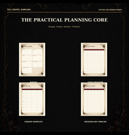 60-Page Gothic Wedding Planner: Printable and Fillable PDFs, Editable PowerPoint, Excel Dashboard