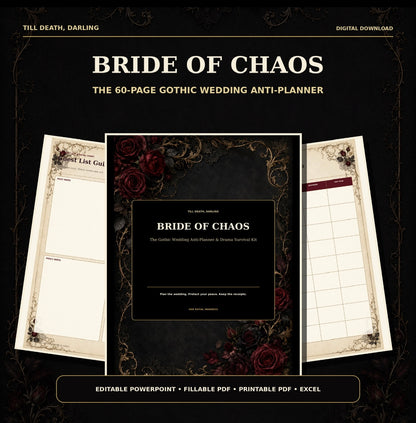 60-Page Gothic Wedding Planner: Printable and Fillable PDFs, Editable PowerPoint, Excel Dashboard