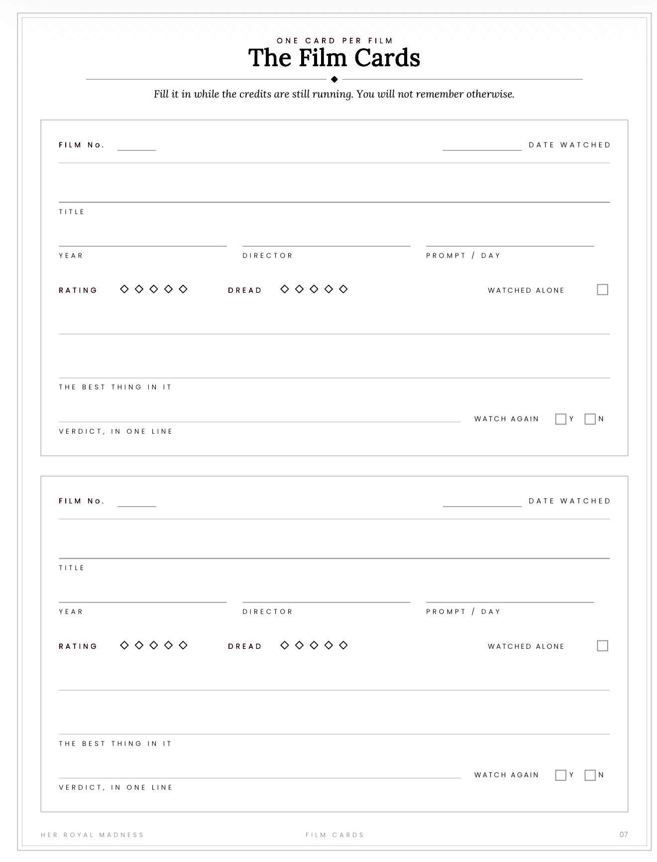 31 Nights of Horror | Printable October Horror Movie Challenge Tracker & Watch Journal