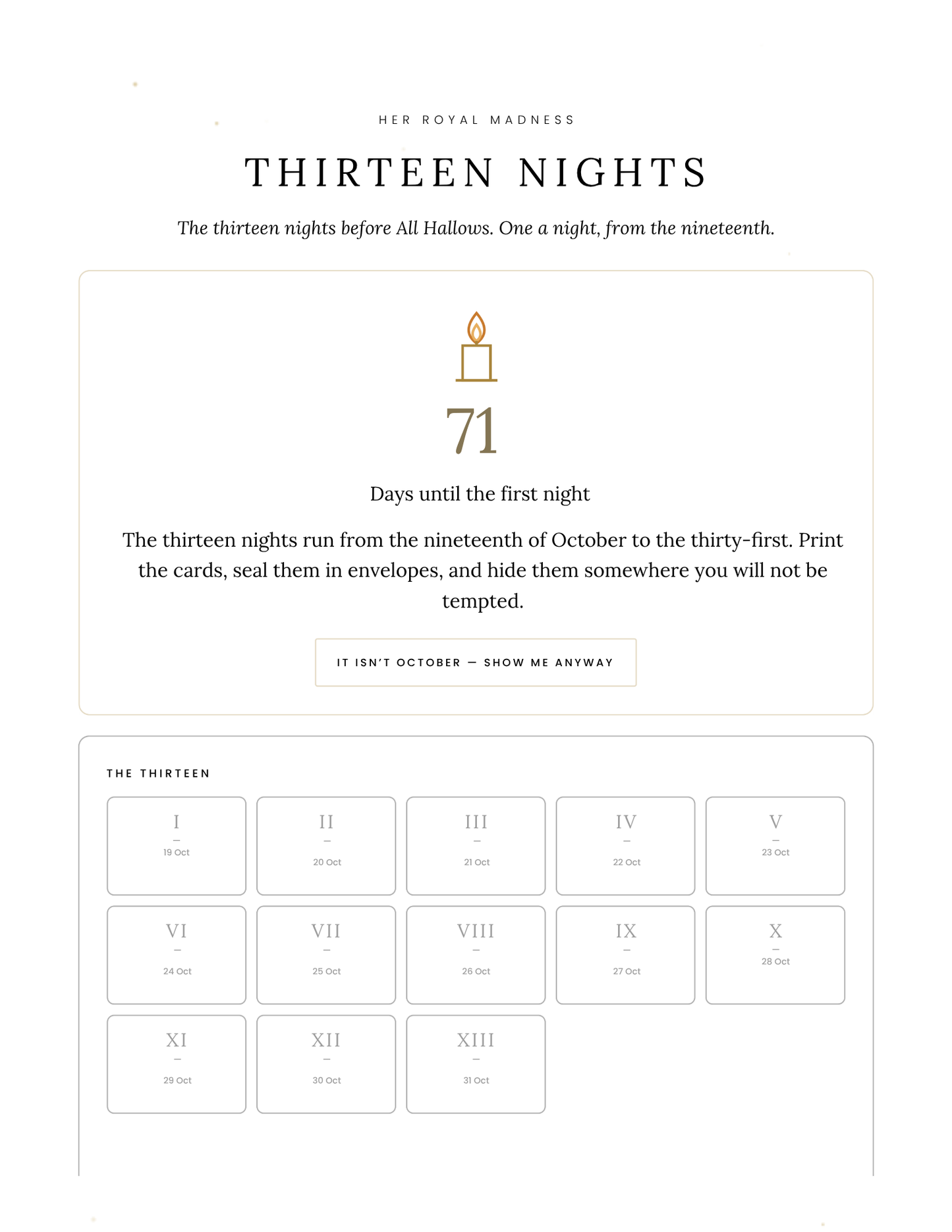 Thirteen Nights — The Companion App / Bundles with the Printable Card deck