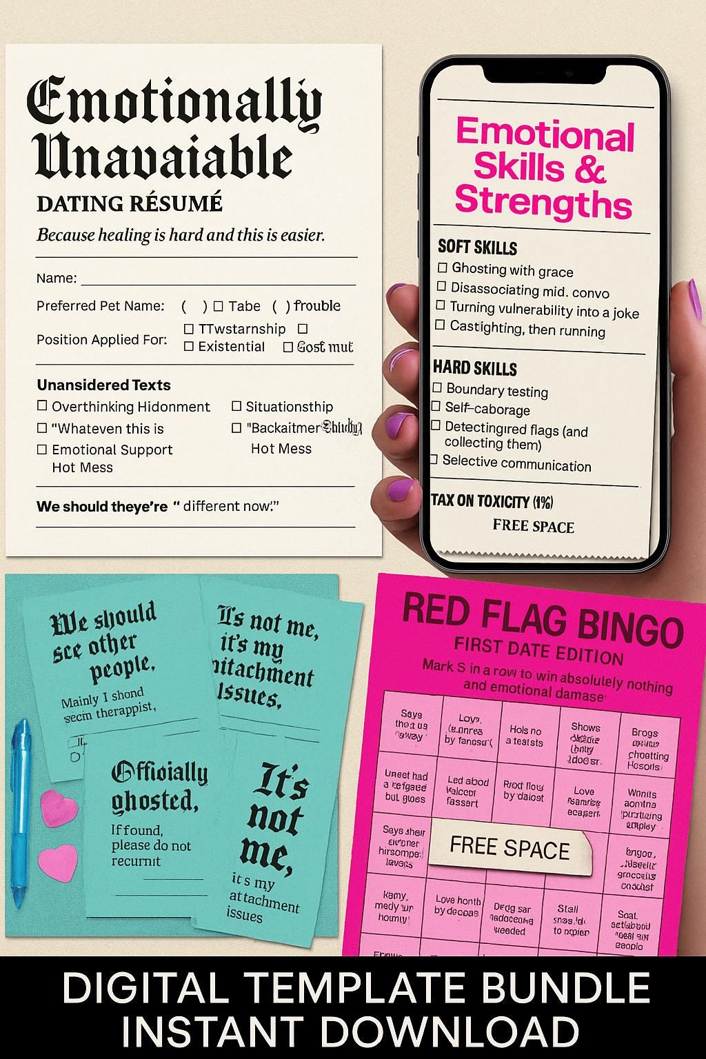 Witziges Dating-Lebenslauf-Bundle: Trennungskarten, Rote-Flaggen-Bingo (Digitaler Download)