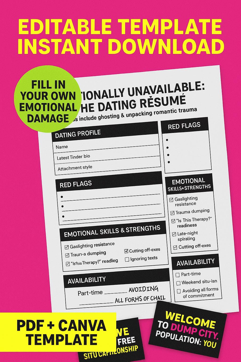 Witziges Dating-Lebenslauf-Bundle: Trennungskarten, Rote-Flaggen-Bingo (Digitaler Download)