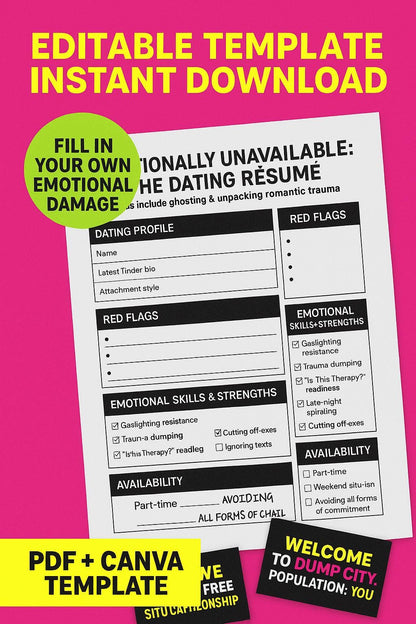 Witziges Dating-Lebenslauf-Bundle: Trennungskarten, Rote-Flaggen-Bingo (Digitaler Download)