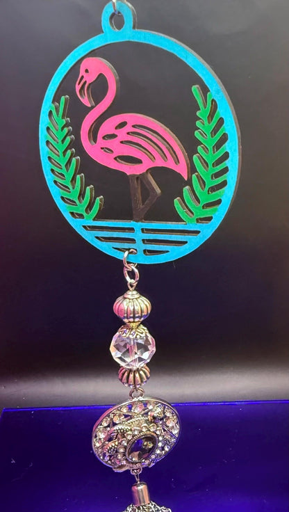 Pink Flamingo Bag Charm: Crystal Bead, Rhinestone Pendant & Tassel
