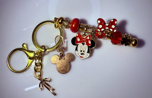Goldener Minnie Maus Schlüsselanhänger: Rot gepunktete Schleife, Kristallperlen