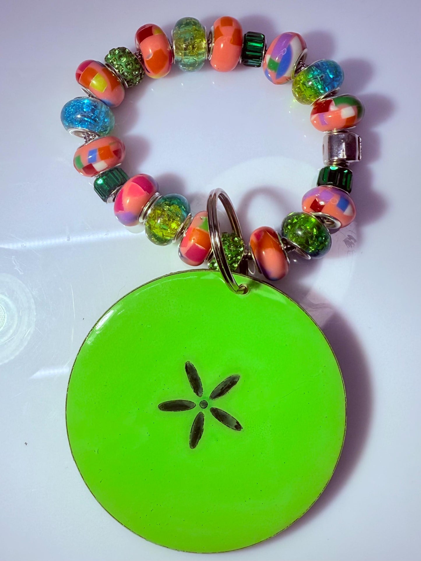 Neon Green Sand Dollar Keychain: Beaded Wood & Resin Beach Bag Charm