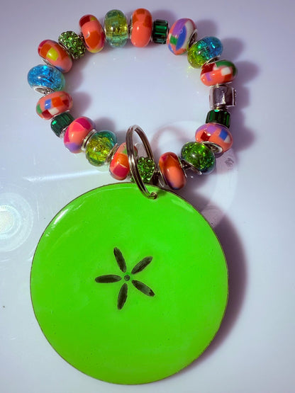 Neon Green Sand Dollar Keychain: Beaded Wood & Resin Beach Bag Charm