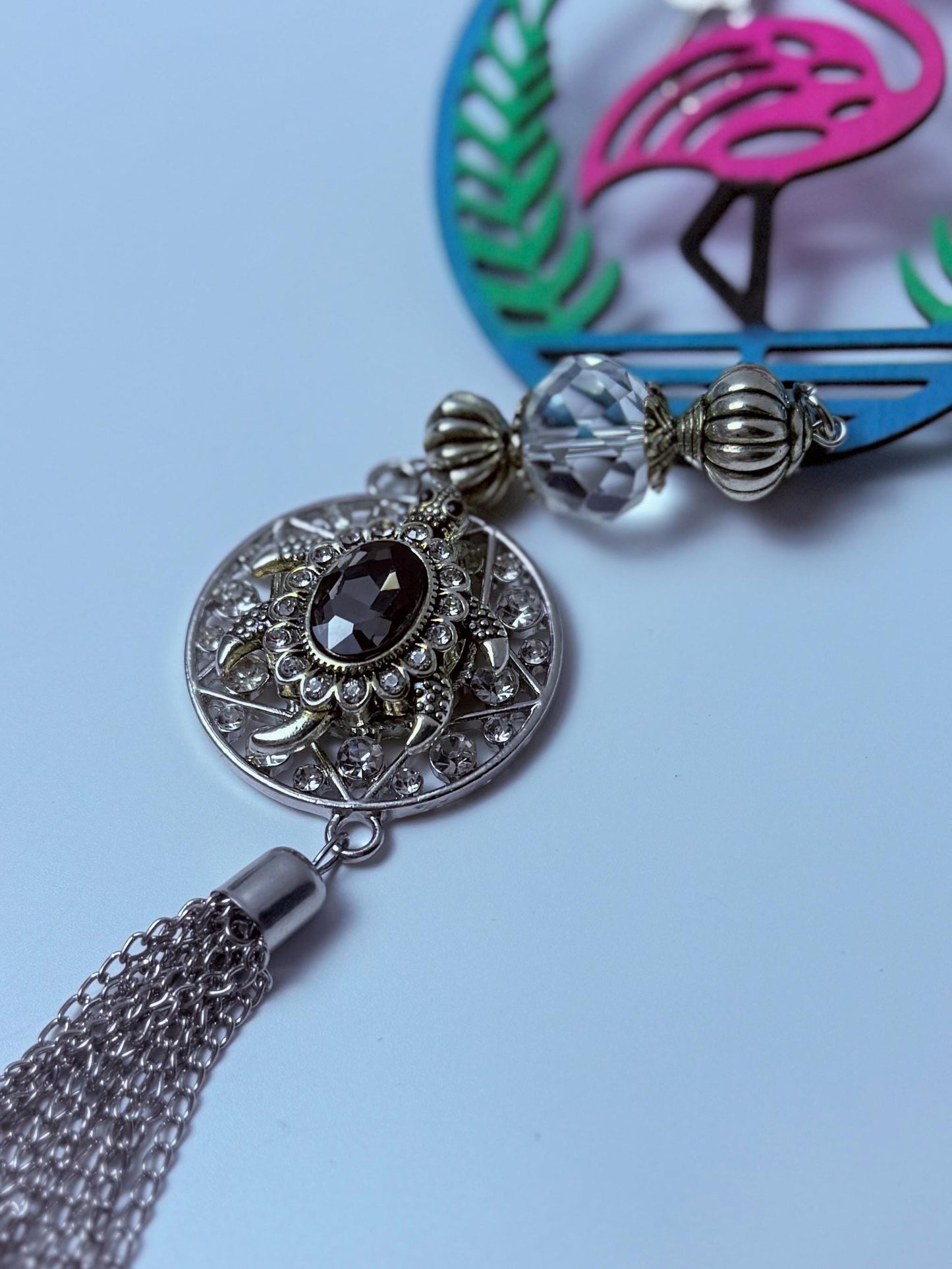 Pink Flamingo Bag Charm: Crystal Bead, Rhinestone Pendant & Tassel