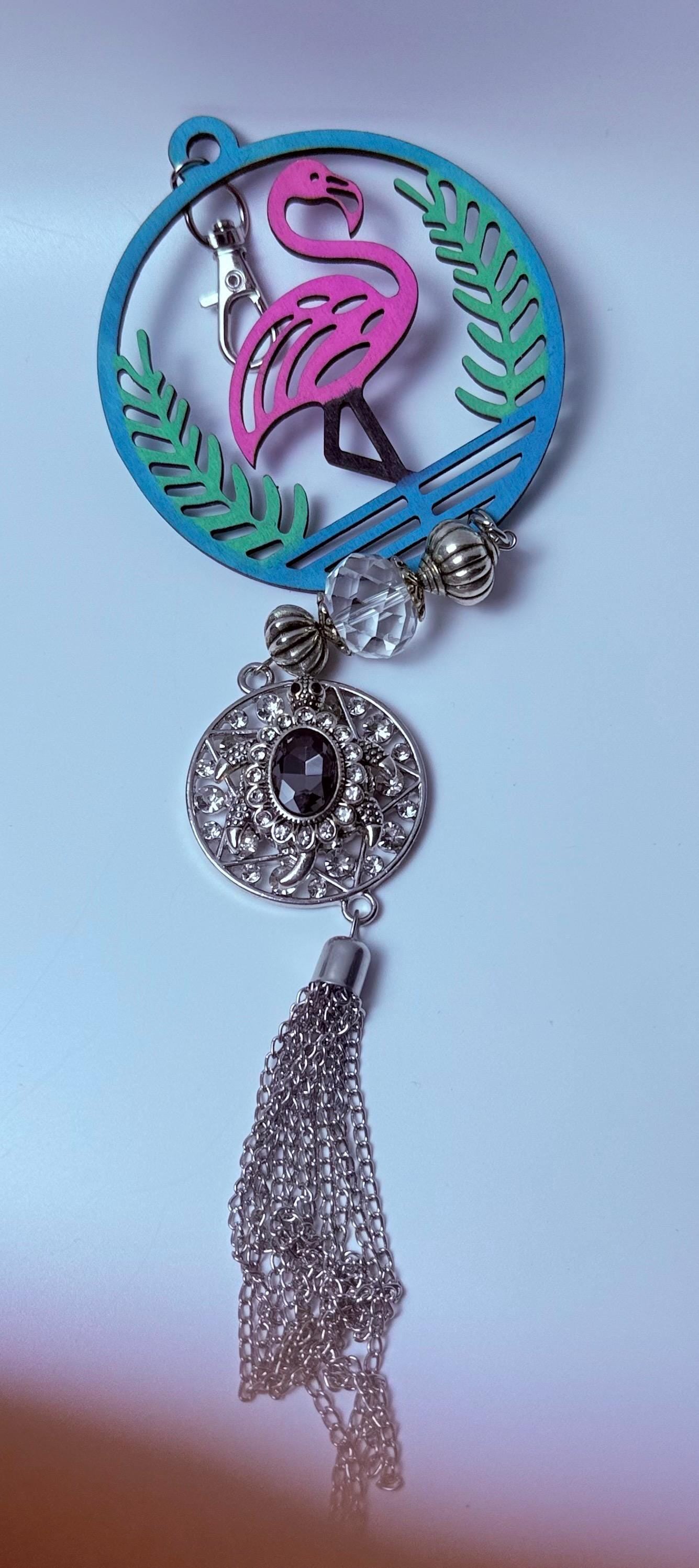 Pink Flamingo Bag Charm: Crystal Bead, Rhinestone Pendant & Tassel