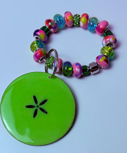Neon Green Sand Dollar Keychain: Beaded Wood & Resin Beach Bag Charm