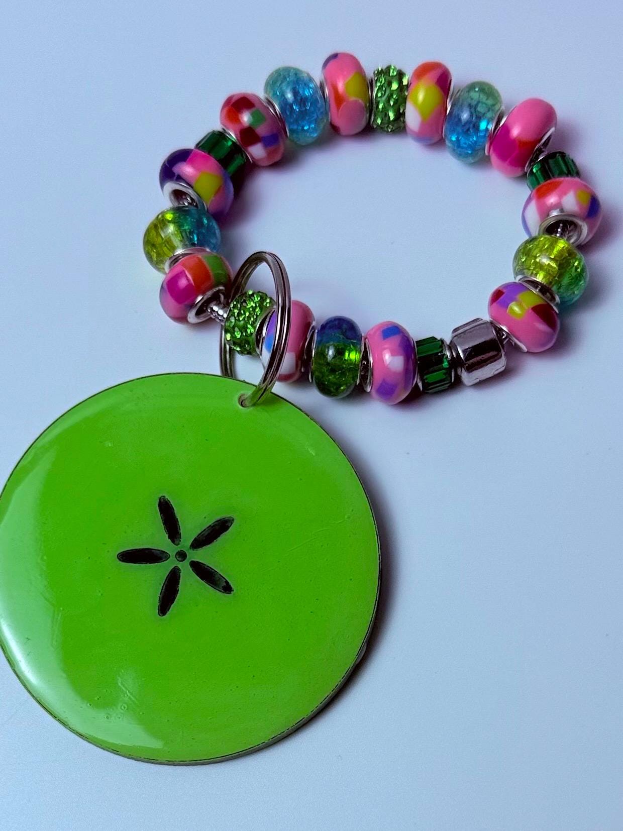 Neon Green Sand Dollar Keychain: Beaded Wood & Resin Beach Bag Charm