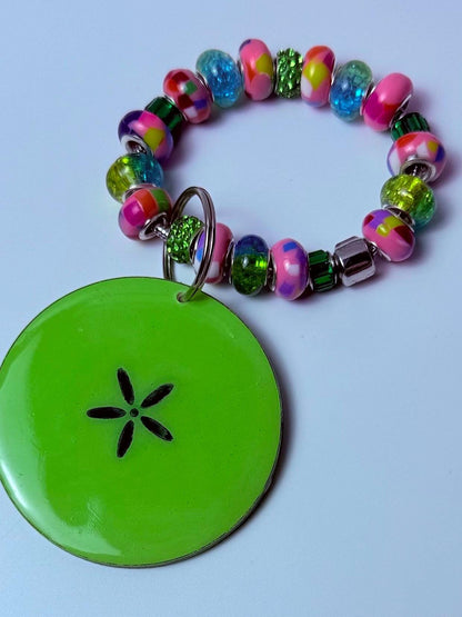 Neon Green Sand Dollar Keychain: Beaded Wood & Resin Beach Bag Charm