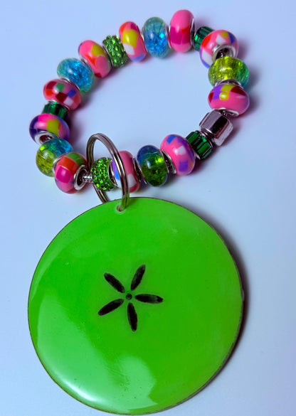 Neon Green Sand Dollar Keychain: Beaded Wood & Resin Beach Bag Charm