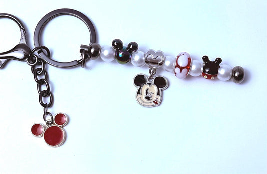 Handmade Mickey Mouse Bag Charm Beaded Disney Keychain, Pearl  Glass Beads, Winking Mickey Pendant, Red & Black Disney Bag Accessory Gift
