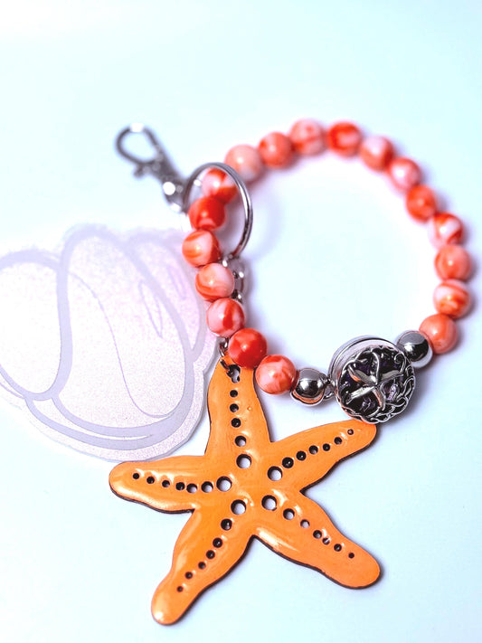 Starfish Seashell Bag Charm: Ocean Coral Beaded Keychain
