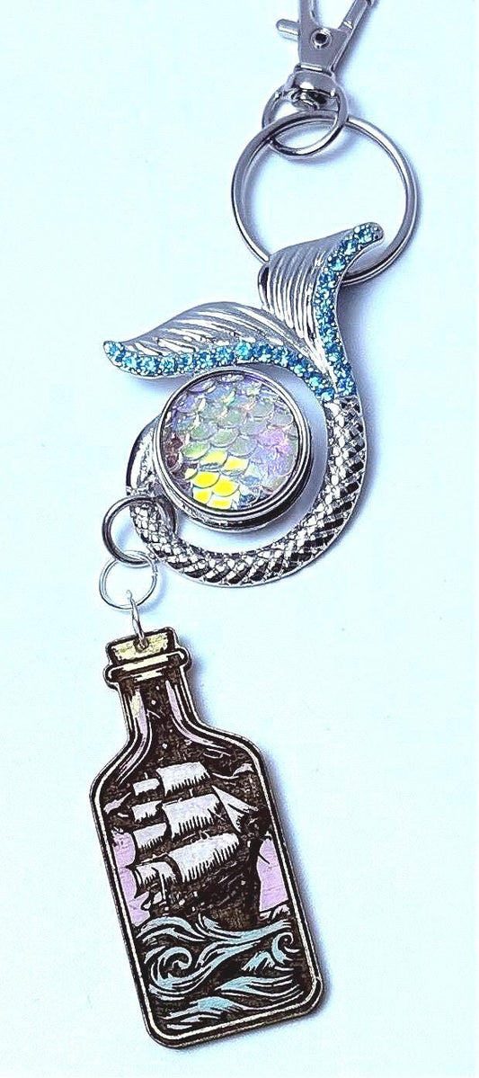 Mermaid Tail & Ship in a Bottle Keychain: Ocean Fantasy Purse Charm