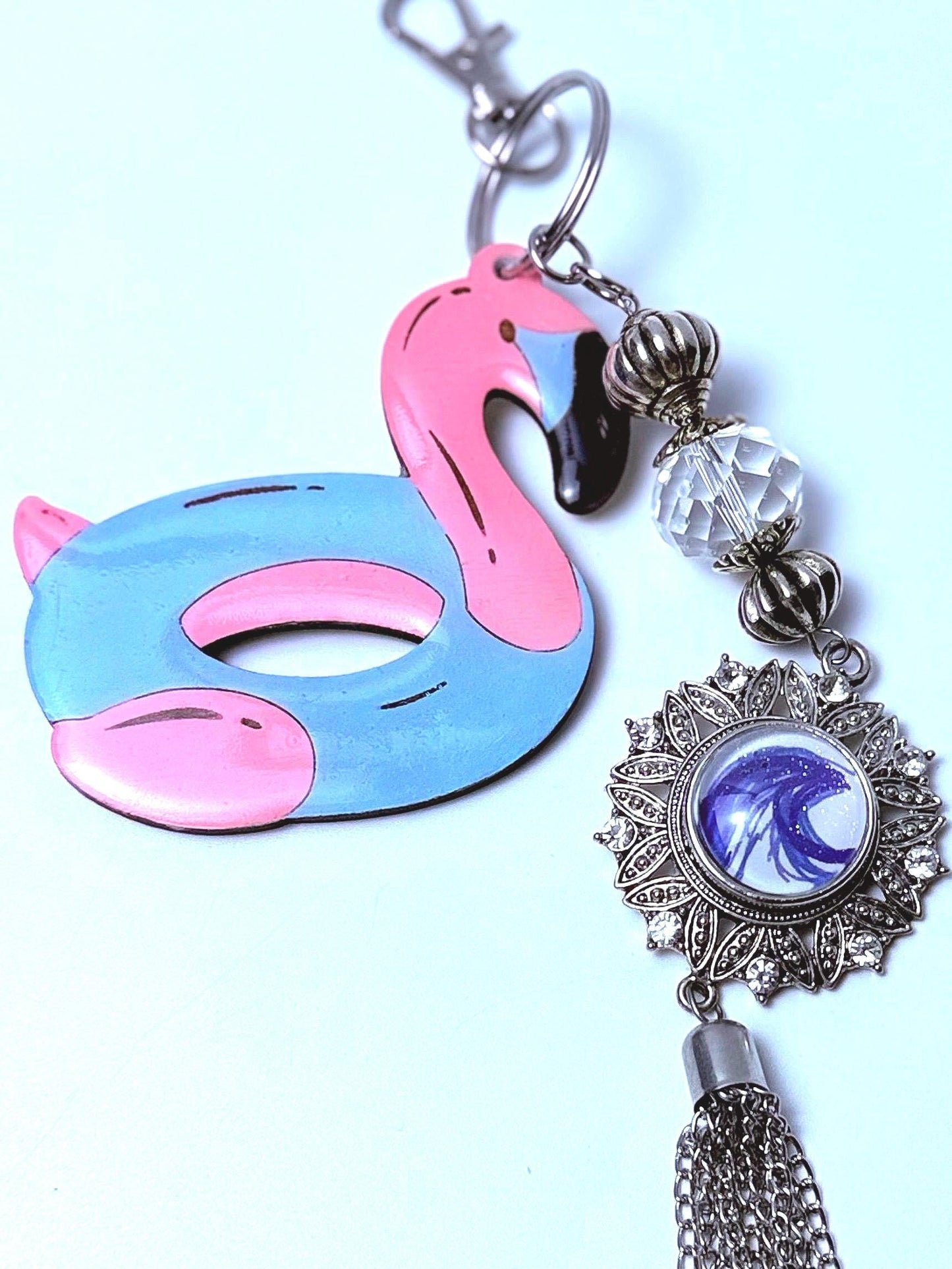 Flamingo-Schwimmtier-Schlüsselanhänger: Acryl-Taschenanhänger mit Kristallquaste