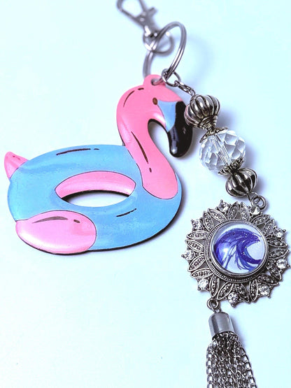 Flamingo-Schwimmtier-Schlüsselanhänger: Acryl-Taschenanhänger mit Kristallquaste