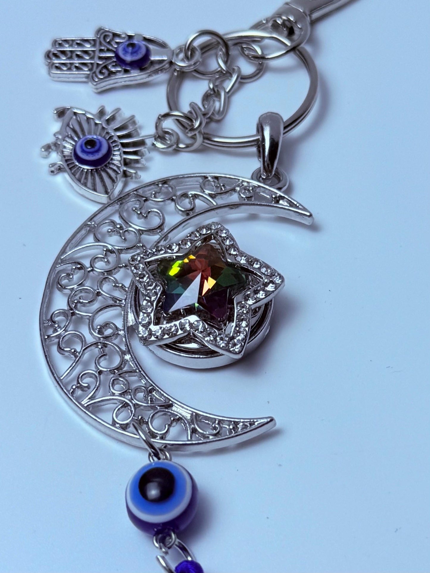 Mond- & Böser-Blick-Taschenanhänger: Hamsa-Hand-Halbmond-Schlüsselanhänger