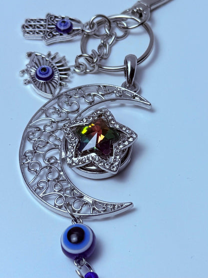 Mond- & Böser-Blick-Taschenanhänger: Hamsa-Hand-Halbmond-Schlüsselanhänger