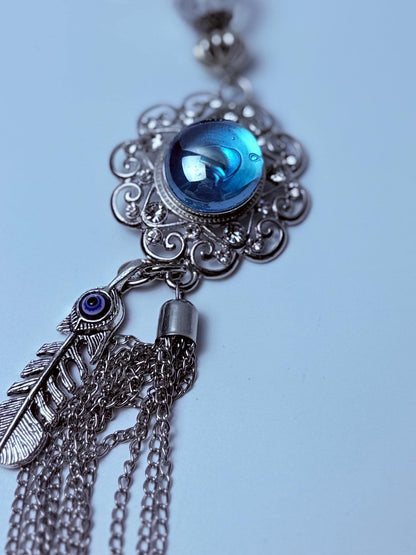 Blauer Edelstein Evil Eye Taschenanhänger: Boho Silberquaste, Feder & Kristall