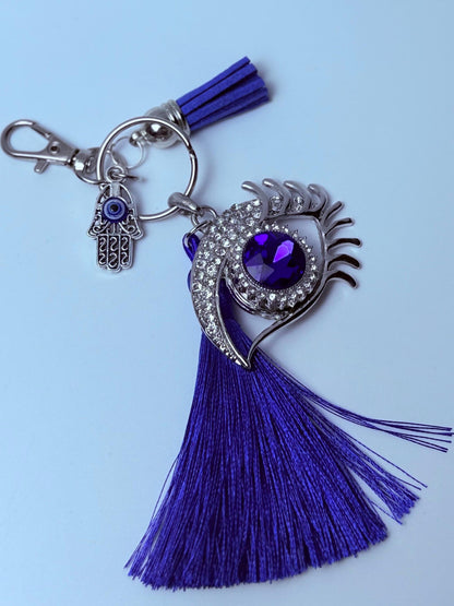 Schlüsselanhänger Blauer Kristall Böses Auge: Strass Hamsa Hand Quaste