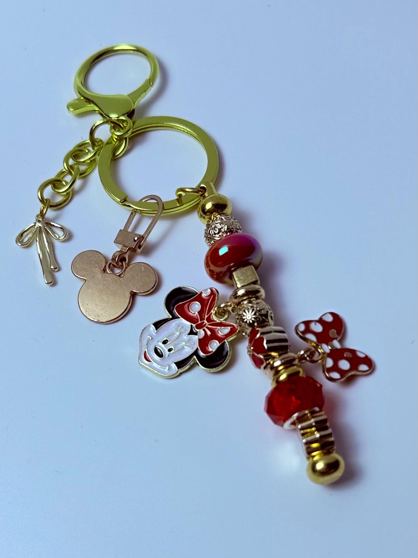 Goldener Minnie Maus Schlüsselanhänger: Rot gepunktete Schleife, Kristallperlen