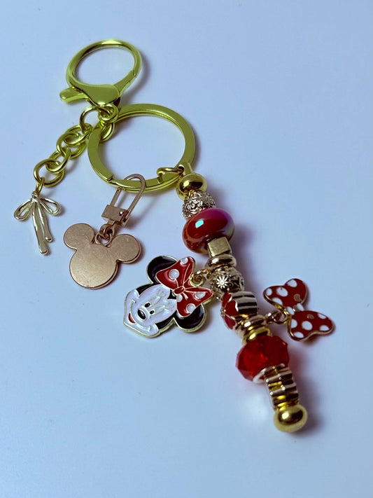 Goldener Minnie Maus Schlüsselanhänger: Rot gepunktete Schleife, Kristallperlen