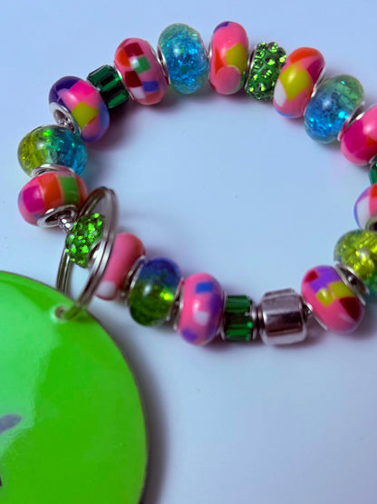 Neon Green Sand Dollar Keychain: Beaded Wood & Resin Beach Bag Charm